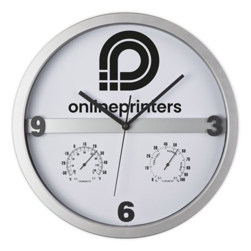 Zilveren wandklok met thermometer en hygrometer.