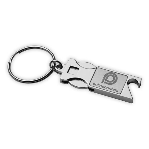 Metalen sleutelhanger met flesopener en sleutelring.