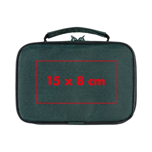 Groene tas met ritssluiting en handvat.