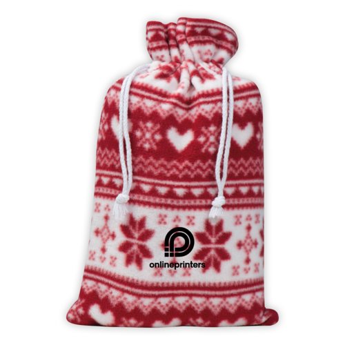 Fleece deken met patroon en trekkoord.