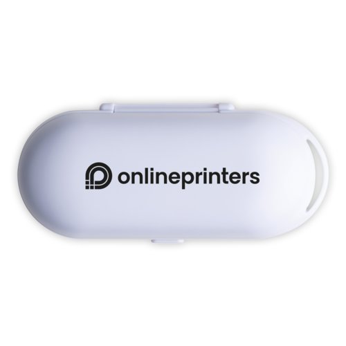 Witte in-ear Bluetooth-koptelefoon met oplaadfunctie.