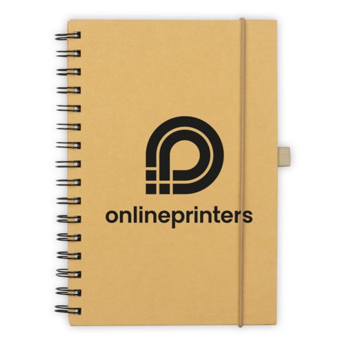 Bruin notitieboek met elastische sluiting en spiraalbinding.