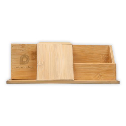 Beige bamboe bureau organizer met vakken.