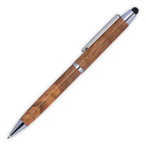 Houten balpen met touchscreen functie en clip.