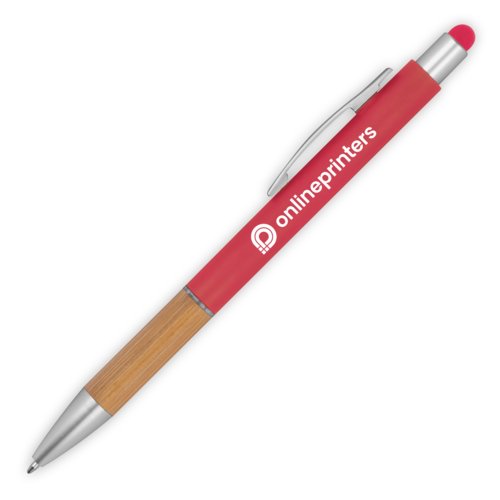 Rode houten balpen met touchscreen functie en clip.