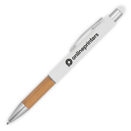 Witte houten balpen met touchfunctie en clip.