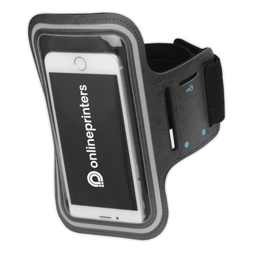 Grijze stoffen telefoonhouder voor bevestiging aan de bovenarm met verstelbaar klittenband.