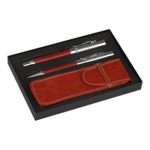 Bruine schrijfset met balpen, vulpen en etui.
