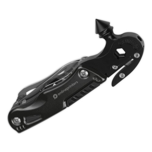 Zwart metalen multi-tool met diverse functies.