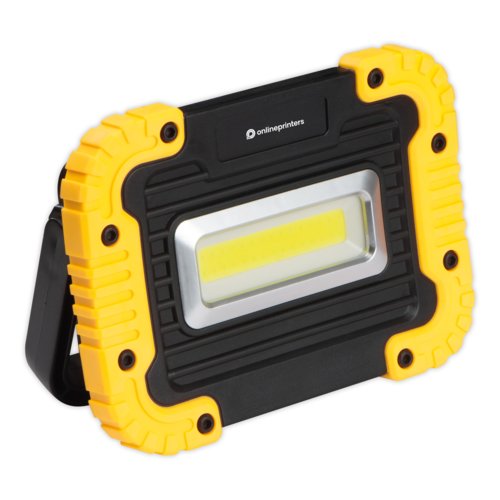 Geel/zwarte COB bouwlamp met standaard.