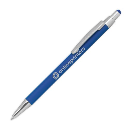 Blauwe metalen balpen met touchscreen functie en clip.