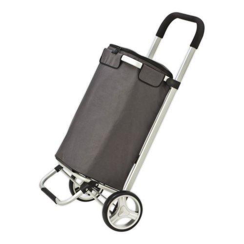 Grijze opvouwbare boodschappentrolley met wielen en handvat.