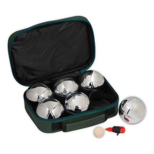 Zilverkleurige jeu de boules set met tas, but en afstandsmeter.