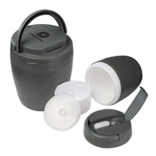Grijze plastic voedselcontainer met handvat en compartimenten.