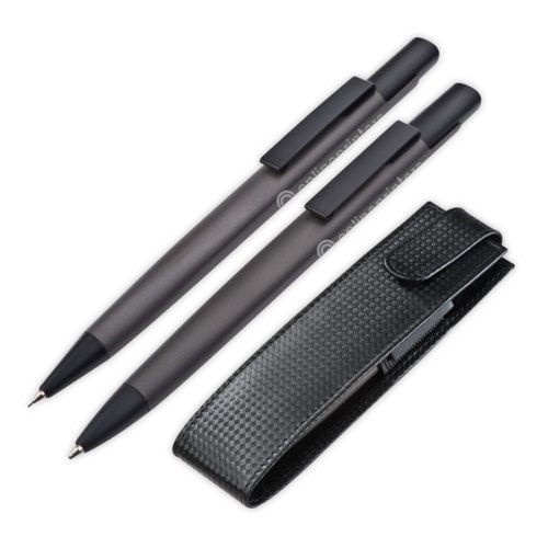 Antracietkleurige metalen schrijfset met pennen en etui.