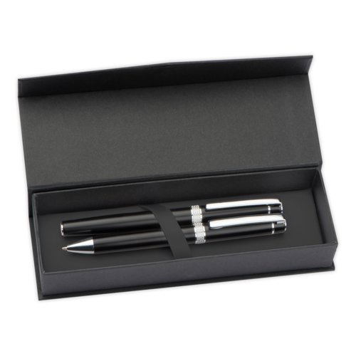Metalen schrijfset bestaande uit een balpen en pen in een doos.