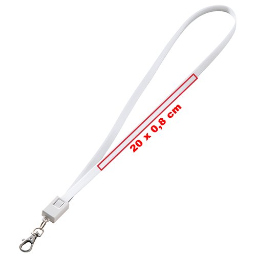 Witte polyester lanyard met karabijnhaak en universele oplaadkabel.