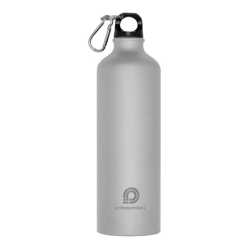 Grijze metalen waterfles met karabijnhaak.