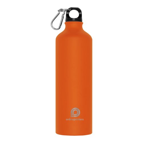 Oranje metalen drinkfles met karabijnhaak.