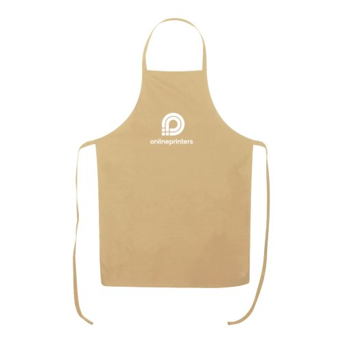 Beige katoenen schort met verstelbare nekband en lange taillebanden.
