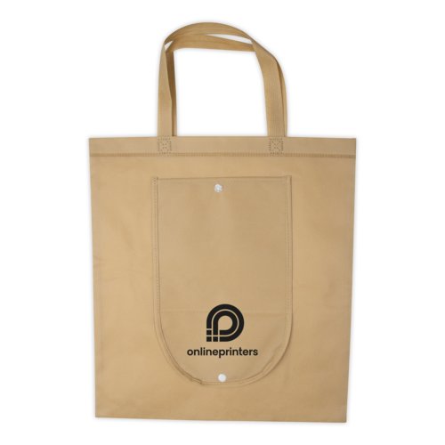 Beige non-woven tas met handvatten en knoop.