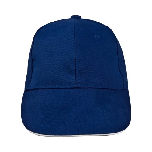 Donkerblauwe stoffen baseballpet met zes panelen.