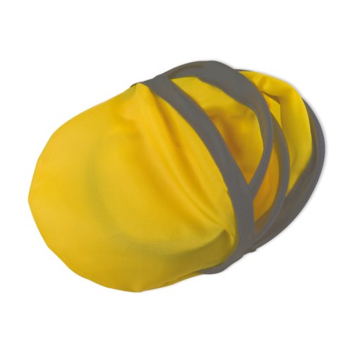 Gele, opvouwbare stoffen frisbee met elastische houders.