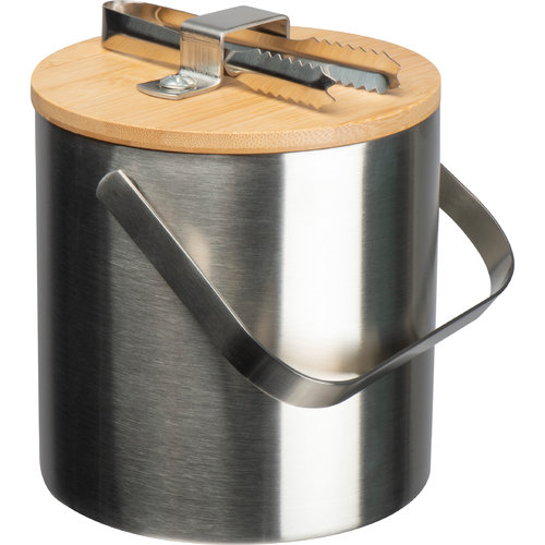 Zilveren metalen ijsemmer met houten deksel.