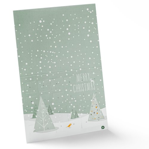 Groene papieren adventskalender om te openen met genummerde vakjes.
