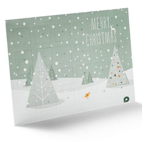 Papieren adventskalender in kerstthema met 24 vakjes.