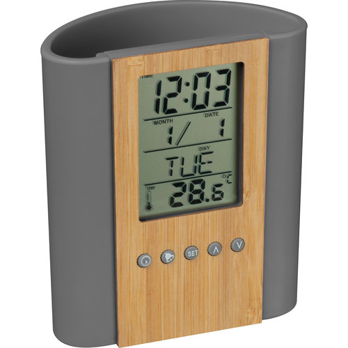 Grijze pennenhouder met bamboe-element en digitaal display.
