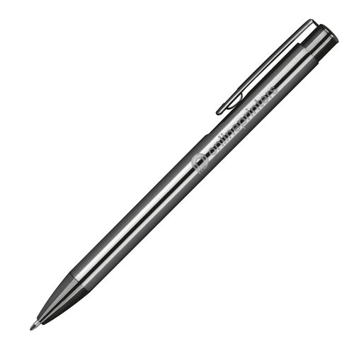 Metalen balpen met clip en drukmechanisme.
