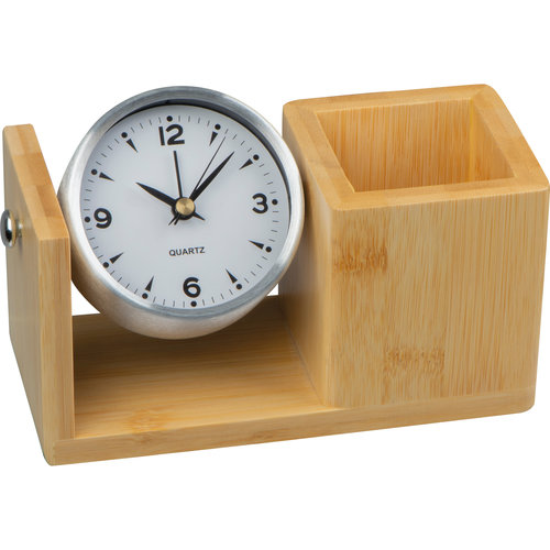Beige bamboe pennenhouder met geïntegreerde klok.