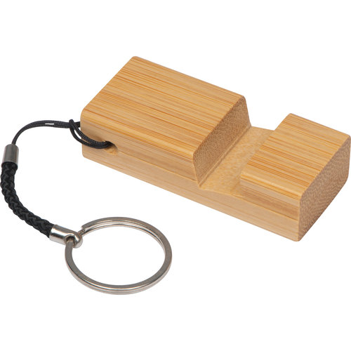 Beige houten sleutelhanger met metalen ring.