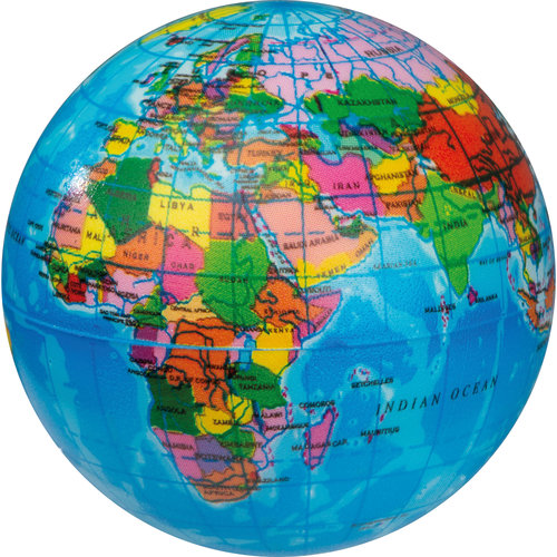 Multicolor schuim anti-stress bal in de vorm van een wereldbol.