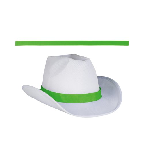 Witte stoffen hoed met gekleurd hoedband.