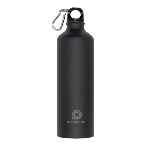 Zwarte metalen waterfles met karabijnhaak.