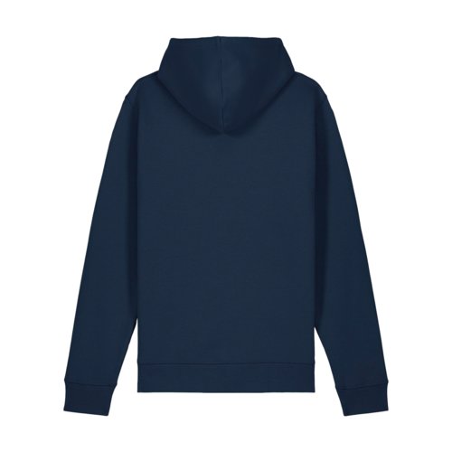 Marineblauwe katoen-polyester hoodie met capuchon en kangoeroezak.
