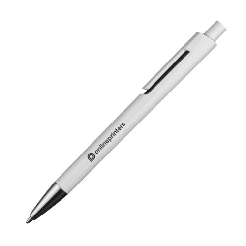 Witte balpen met clip en drukmechanisme.
