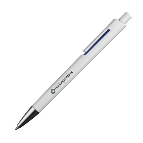 Blauwe plastic balpen met clip en drukknop.