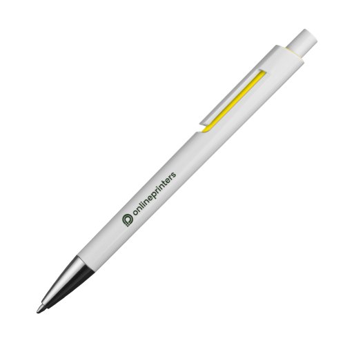Gele balpen met clip en drukknop.