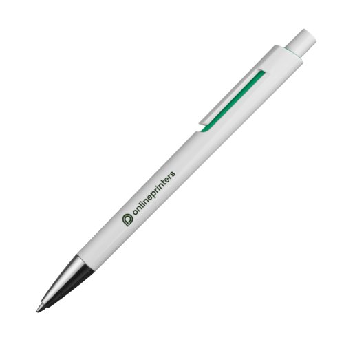 Groene balpen met clip en drukknopmechanisme.