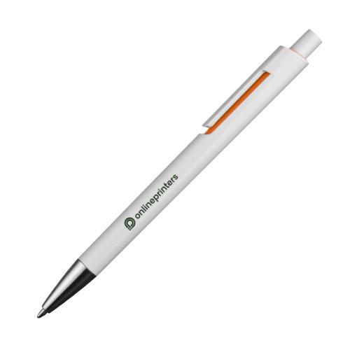 Oranje plastic balpen met clip en drukknop.