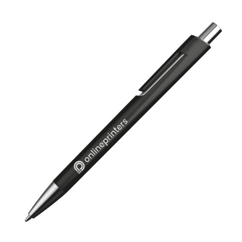 Zwarte plastic balpen met clip en drukknop.