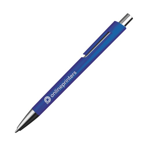 Blauwe plastic balpen met metalen elementen en clip.