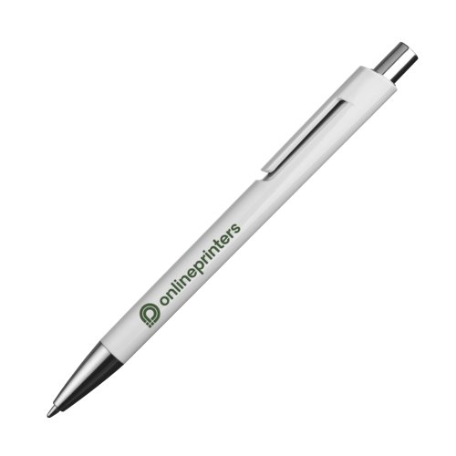 Witte plastic balpen met clip en drukknop.