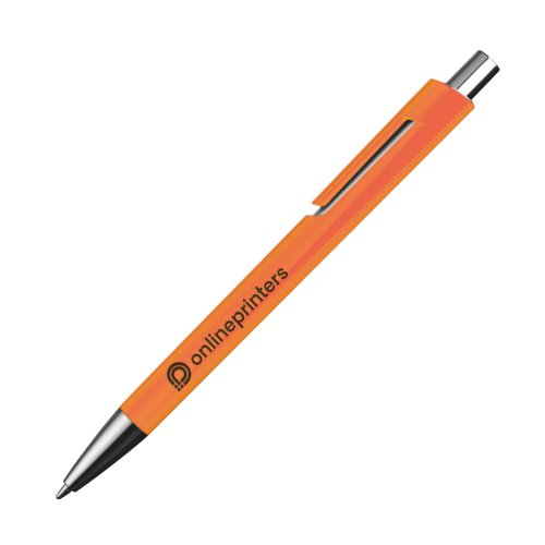 Oranje balpen met clip en drukknop.