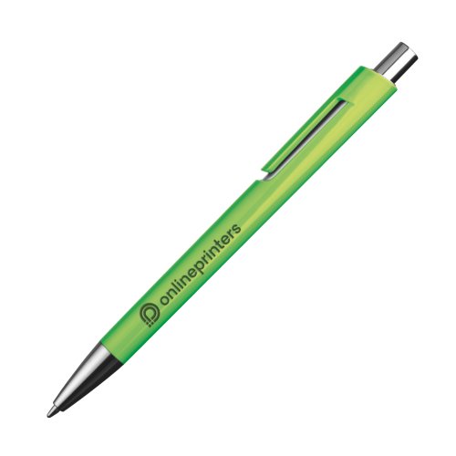 Appelgroene balpen met clip en drukmechanisme.