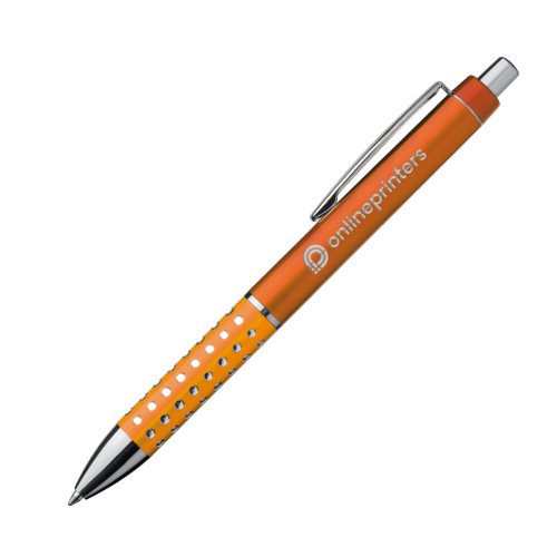 Oranje balpen met clip en drukmechanisme.