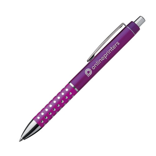 Paarse metalen balpen met clip en drukknop.